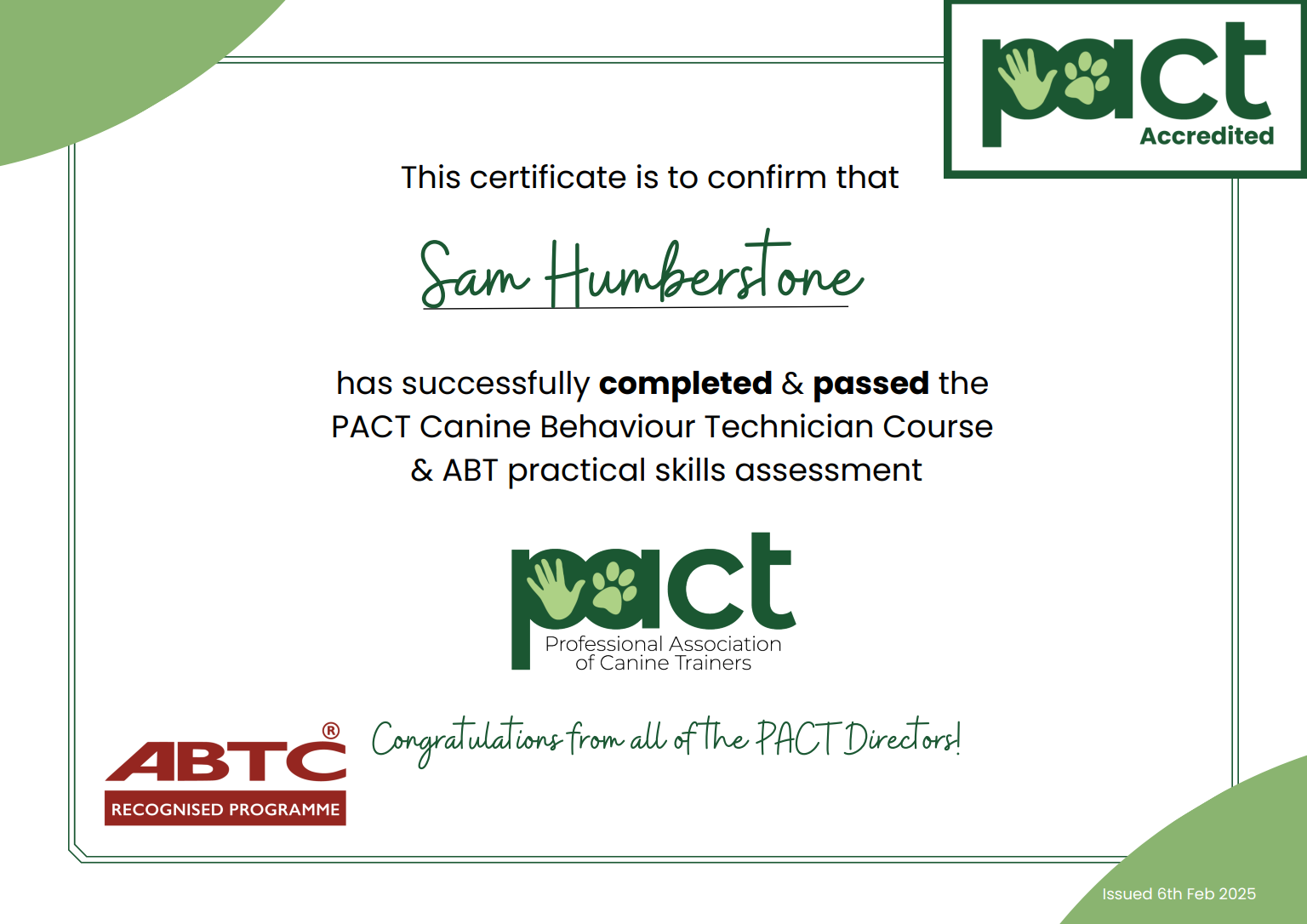 Pact Certification for Sam Humberstone Dog Training